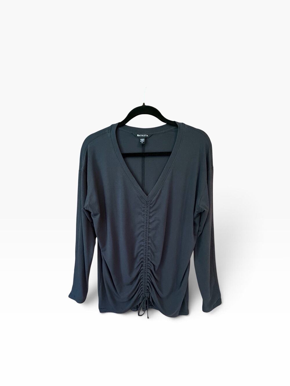 Athleta Women’s Black M Ruched Front Drawstring V-Neck Long Sleeve Top